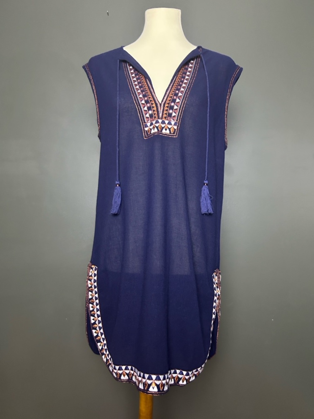 J. Crew Navy Embroidered Tassel Swim Coverup